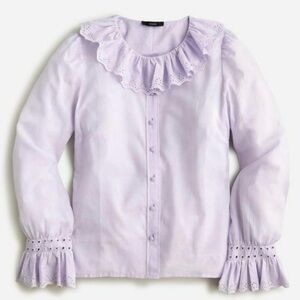 J.CREW Lavender Embroidered Ruffle Collar Eyelet Button Down Blouse, Size 8